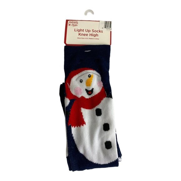 Holiday Style Knee Socks Womens 4-10 Shoe Size Blue Snowman Snowflake Lights Up - Picture 4 of 5